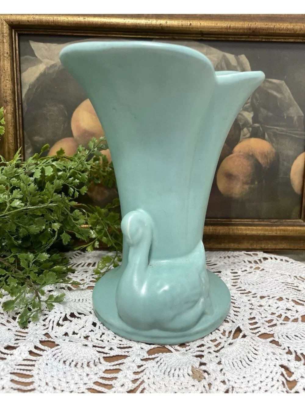 Green Blue Double Swan Pottery Vase Mid Century Modern Beautiful Soft Teal Color